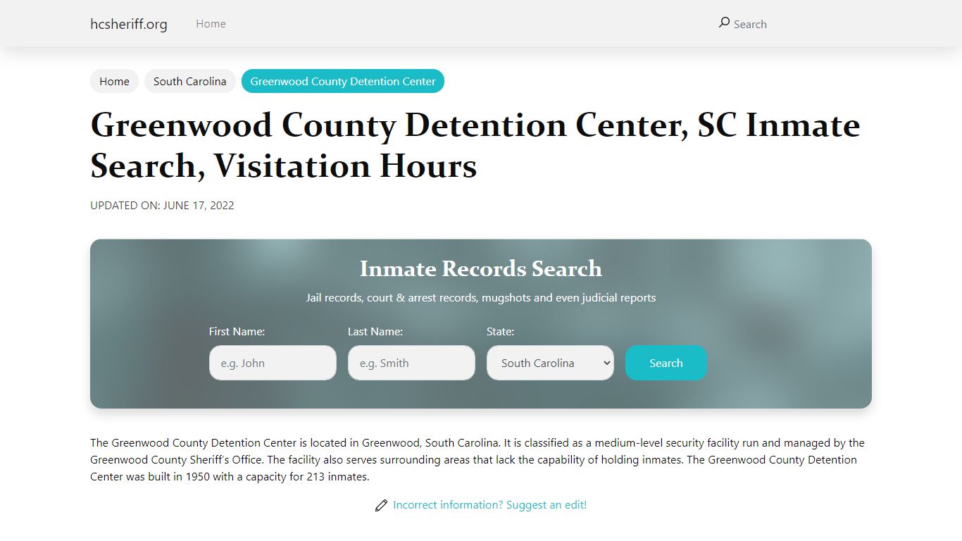 Greenwood County Detention Center, SC Inmate Search, Visitation Hours